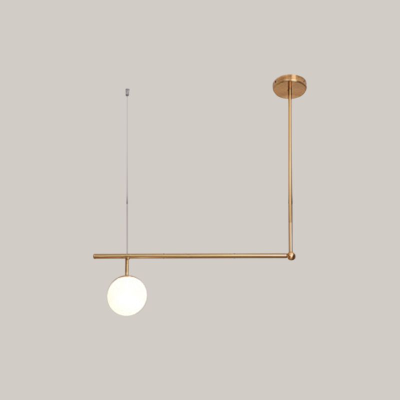 Right Angled Bar Hanging Light Kit Metal 1/2-Light Minimalist Pendant Lamp in Gold with Ball Opal Glass Shade
