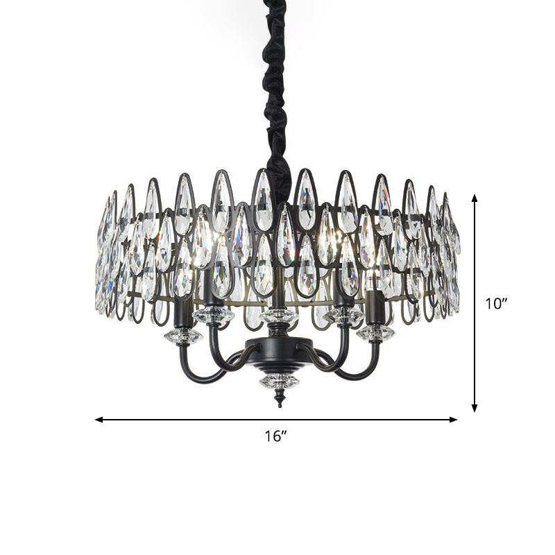 Black Teardrop Ceiling Chandelier with Drum Design Modernism 4-Light Faceted Crystal Hanging Pendant Lamp