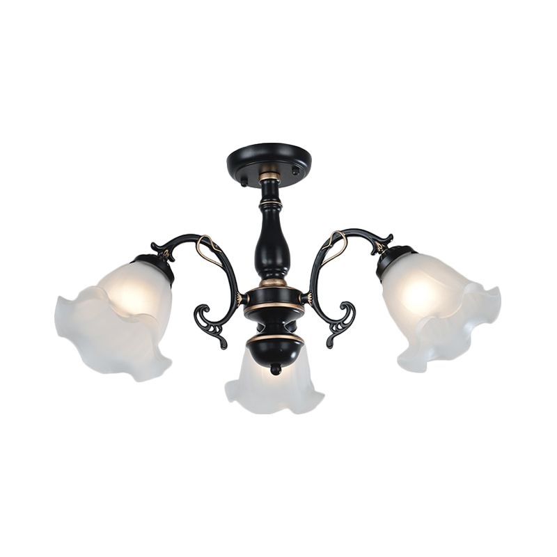 3/5-Light Flower Semi-Flush Ceiling Light Countryside White/Black Finish Cream Glass Flush Mounted Lamp