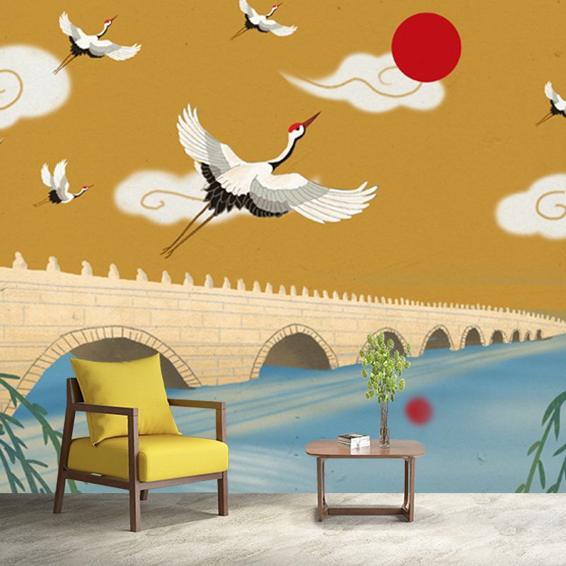 Oriental Spring Park Scene Mural Yellow Seventeen Arch Bridge with Halcyon Wall Art