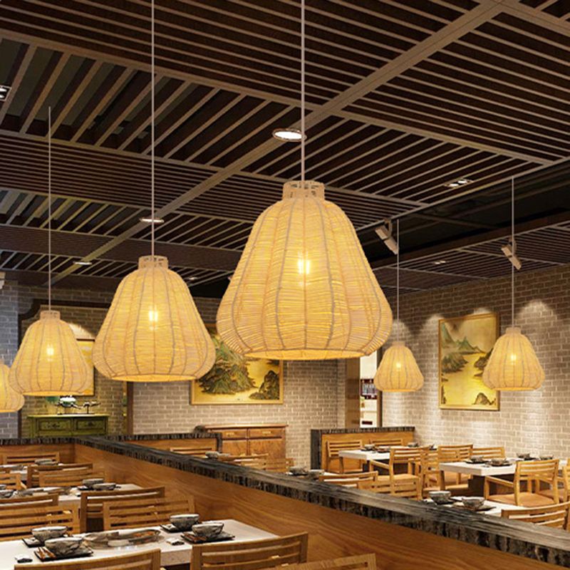Carambola Suspension Pendant Light Creative Asian Bamboo 1 Bulb Wood Ceiling Light