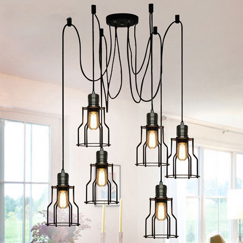6/10 Bulbs Pendant Lamp Vintage Stylish Metal Swag Ceiling Fixture with Wire Guard in Black for Dining Room