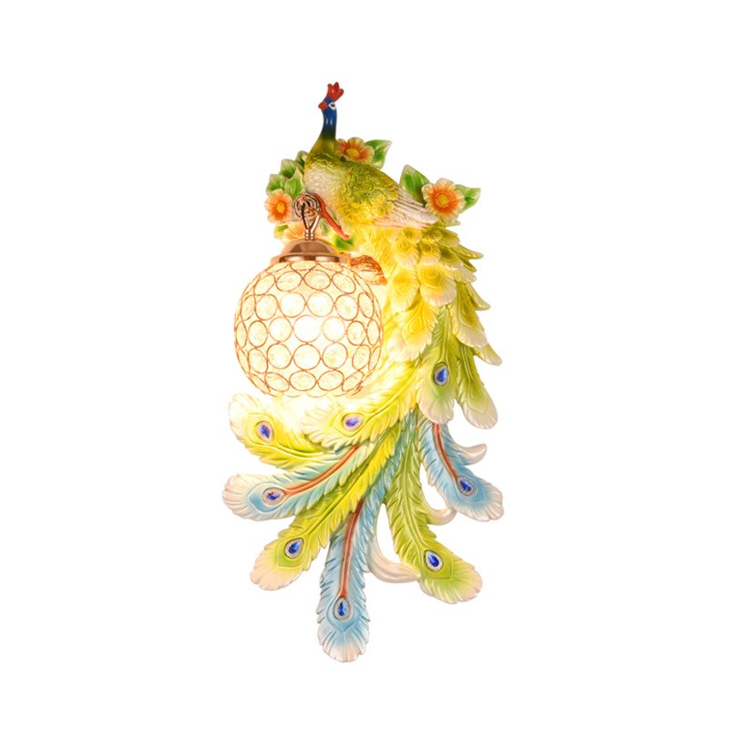 Lámpara de cristal y resina de luz de luz de pared abovedada con placa de pavo real izquierda/derecha en oro/verde, 1/2 paquetes