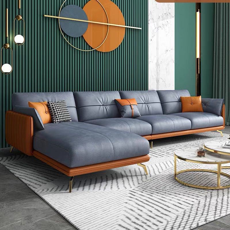 Contemporary Sofa Chaise Faux Leather Living Room Square Arm Pillows Sofa Bed