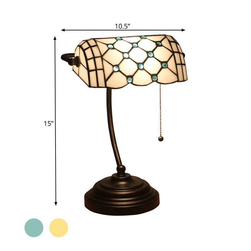 1 cabeza Lámpara de tarea Tiffany Tiffany Jeweed Beige Glass Train Mesa Night Table Lighting en azul/oro con brazo curvo