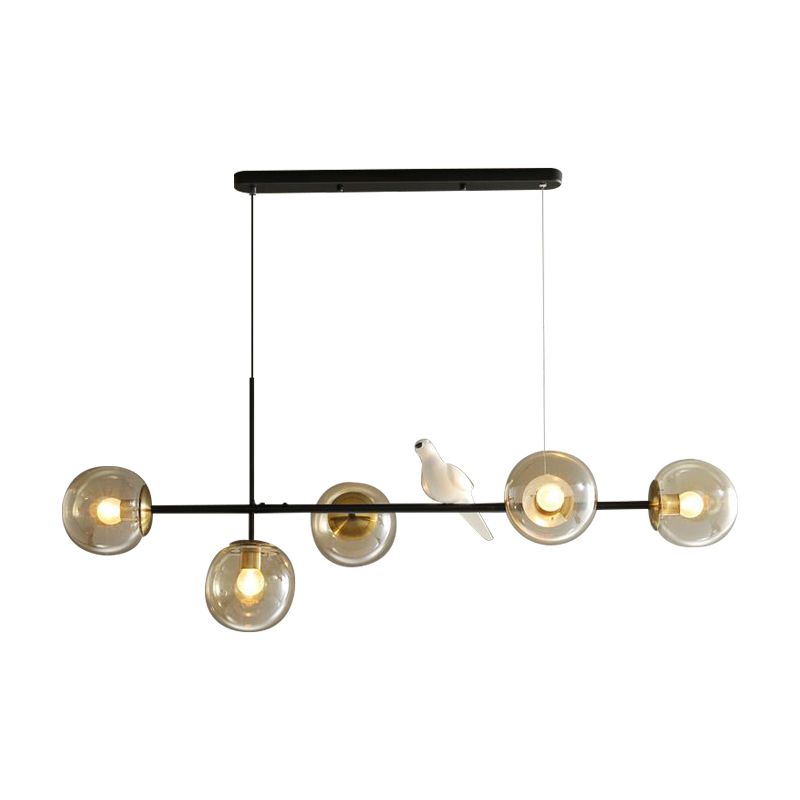 Industrial 5-Light Island Pendant with Amber/Milky White/Smoke Grey Glass Shade Brass Sphere Ceiling Light with Adjustable Cord