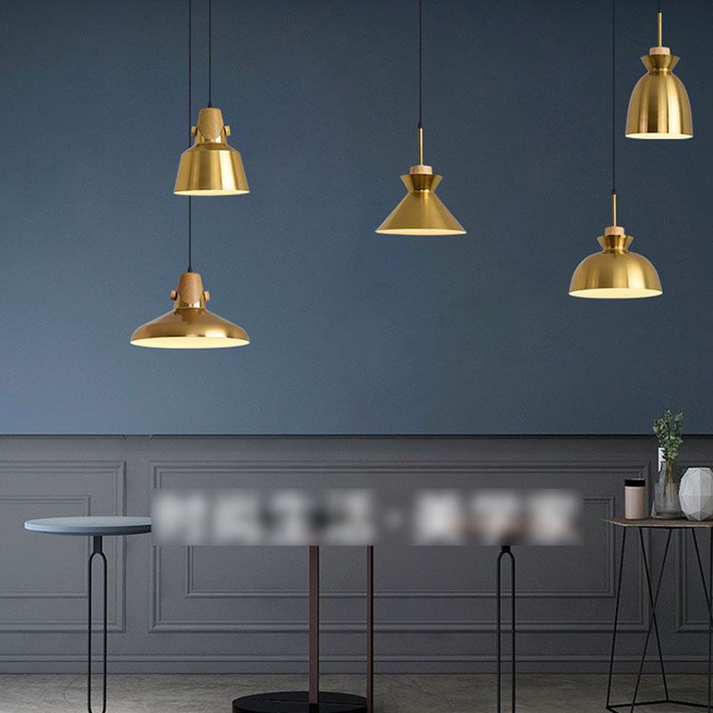 Contemporary Pendant Lights, Brass Metal 1-Light Pendant Light Fixture with Wood Top