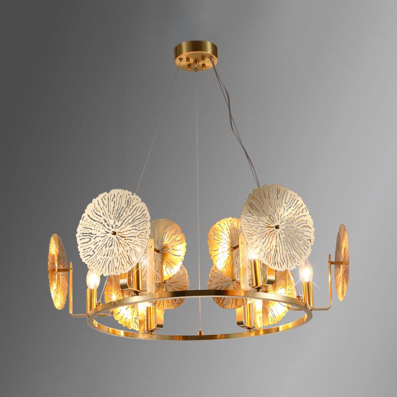 Post Modern Lotus Leaf Chandelier Metal 6 Lights Living Room Hanging Light in Brass with Ring Design