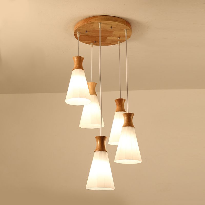 Moderne künstlerische geometrische hängende helle hölzerne Innenlampe mit weißem Glasschatten