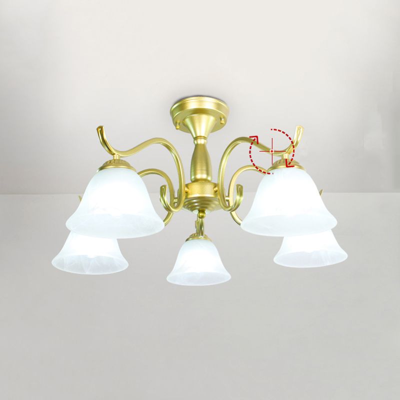 Gold Semi Flush Lamp Traditional Multi-Head Bedroom Ceiling Lighting with Glass Shade