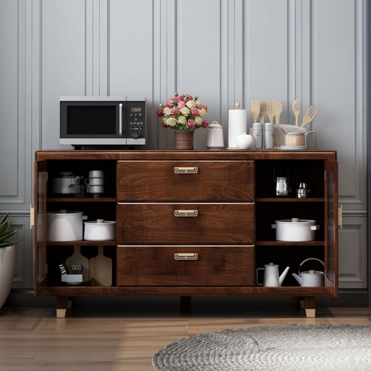 Modern Rubberwood Solid Wood Sideboard 34.5" H Brown Credenza for Dining Room