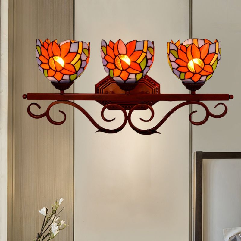 3 Lights Wall Lighting Fixture Tiffany Dome Sunflower-Pattern Stained Glass Sconce with Swirling Arm in Bronze