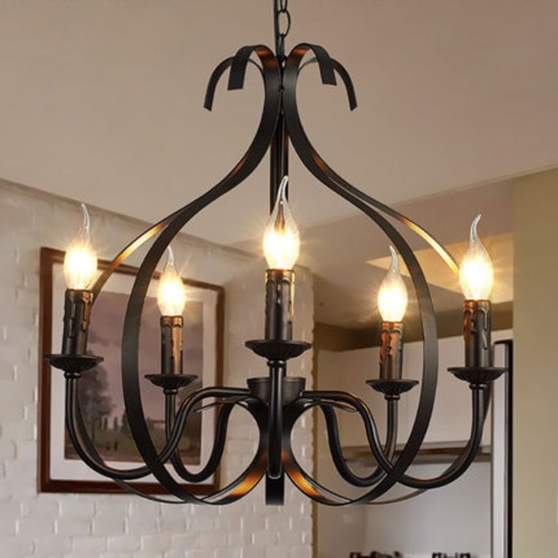 Metal Black Pendant Lamp Swirled Arm 5 Lights Classic Chandelier Light Fixture for Living Room