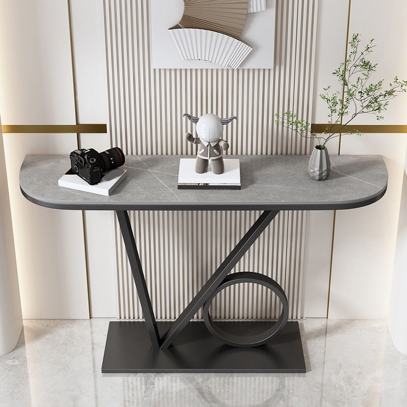 Half Moon Stone Top Console Table with Iron Pedestal Base Accent Table