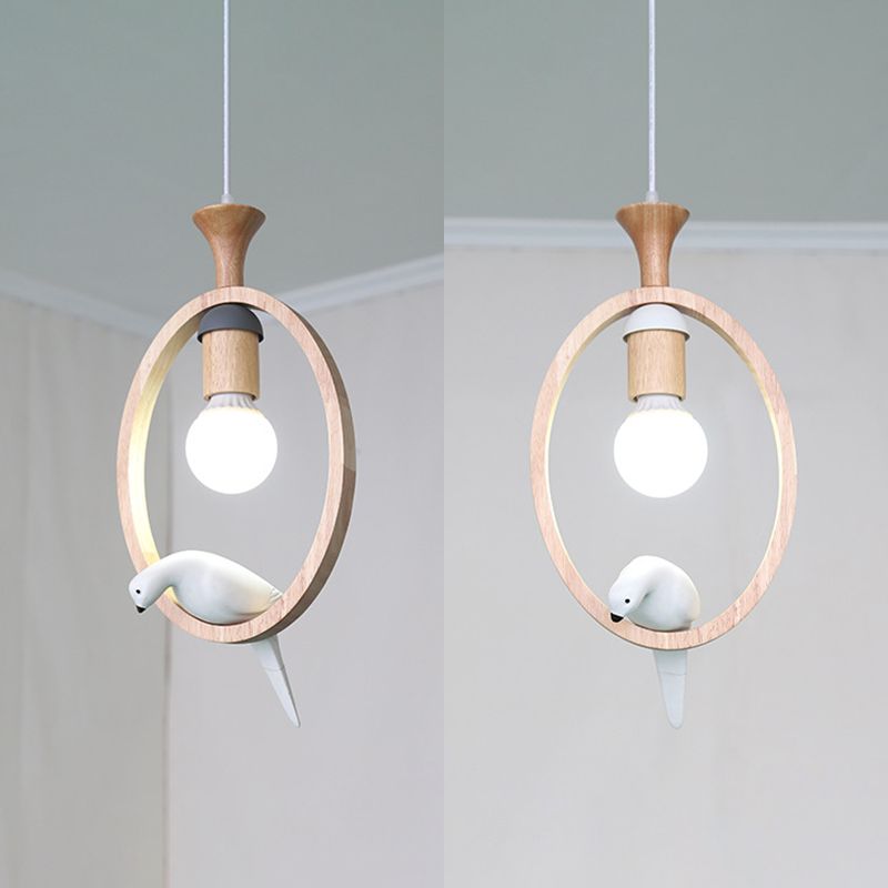 Dadelloze houten suspensielamp Noordse 1-licht hangerverlichting met harsvogel decor