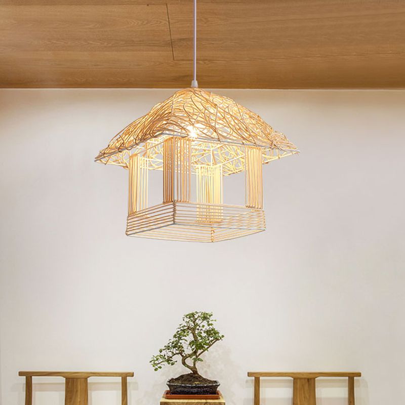 Asian 1 Bulb Pendant Light Beige House Suspended Lighting Fixture with Bamboo Shade