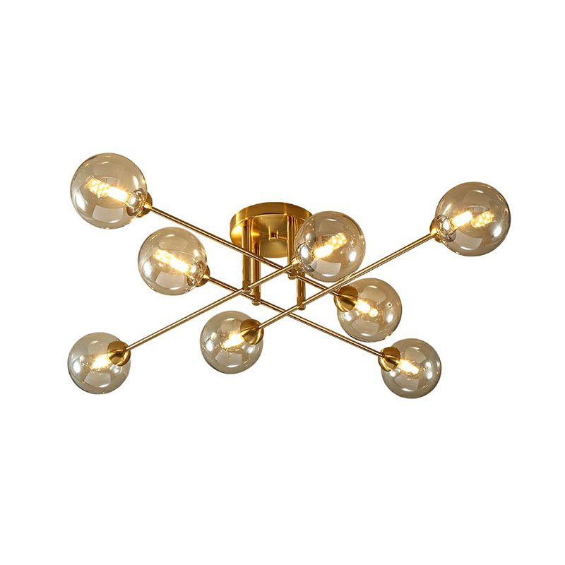8 Heads Parlor Semi Flush Light Postmodern Ceiling Mounted Fixture with Ball Amber Glass Shade