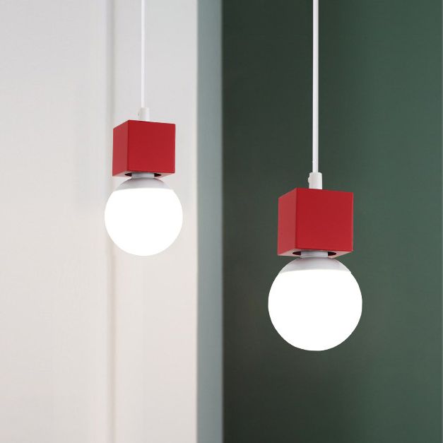 Loft Elegante lampadina nuda Light Appeding Light con design quadrato 1 Luce a sospensione metallizzata testa in grigio/rosso
