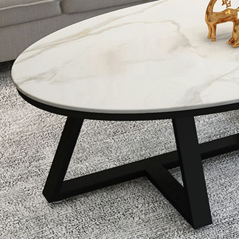 Glam Oval Slate Coffee Table 17.7"H Iron Cross Legs Cocktail Table