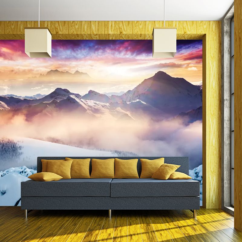 Modern Foggy Snow Mountain Mural for Living Room Custom Wall Decor in Orange-Blue