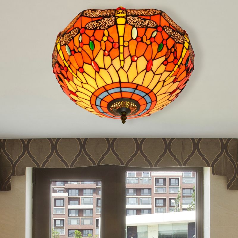 3 Heads Living Room Ceiling Mounted Fixture Tiffany Red/Yellow/Orange Flush Mount Lamp with Dragonfly Stained Glass Shade