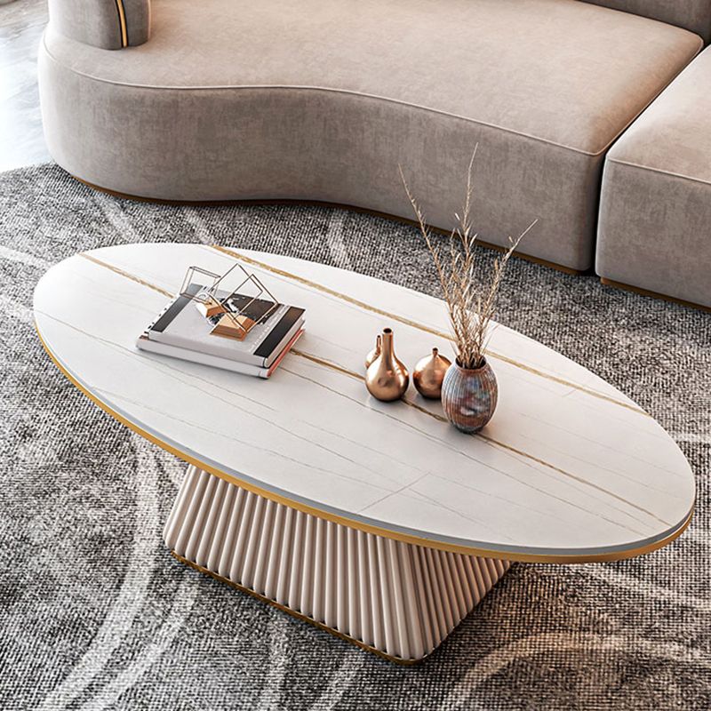 Glam Metal and Slate Cocktail Table Pedestal Coffee Table for Living Room