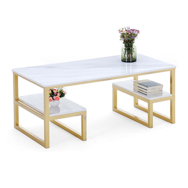 Glam Rectangle Marble Top Table with 2 Storag Shelves and Iron Base