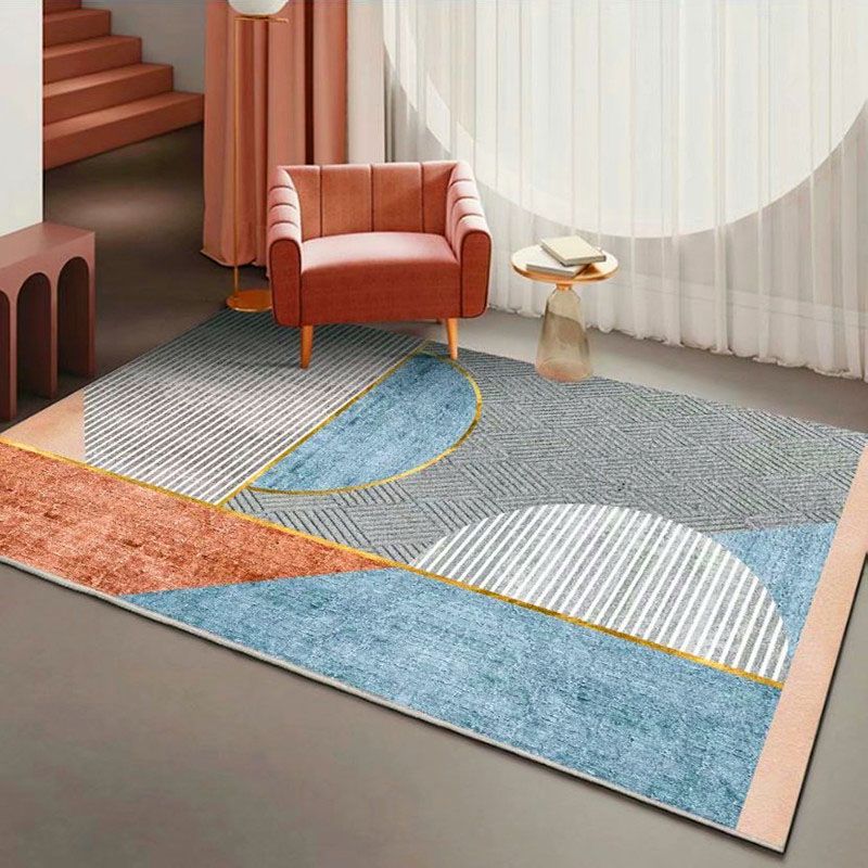 Blue Modern Rug Polyester Striped Area Rug Non-Slip Backing Rug for Living Room