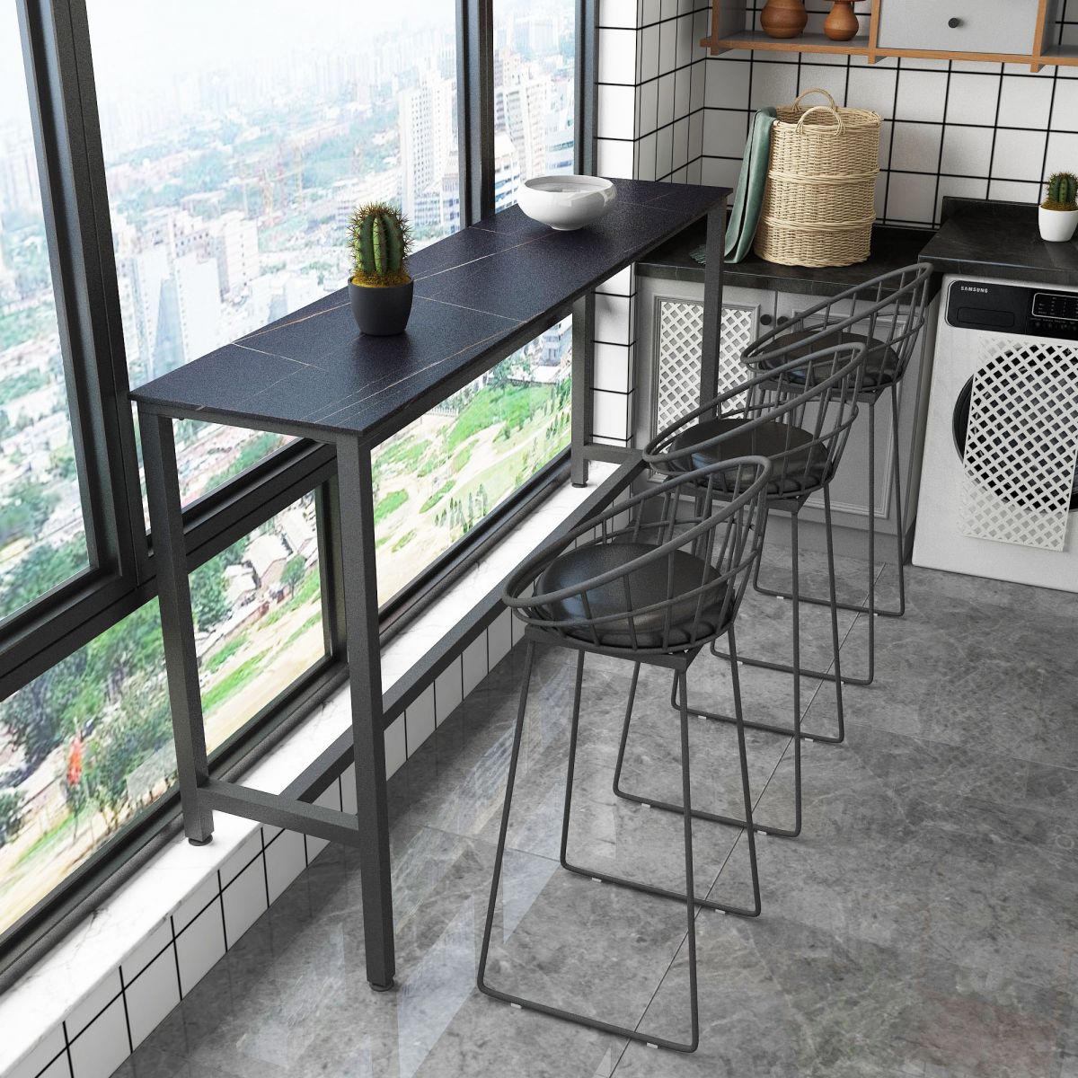 Rectangle Stone Modern Cocktail Bar Table Footrest Trestle Pub Height Dining Table