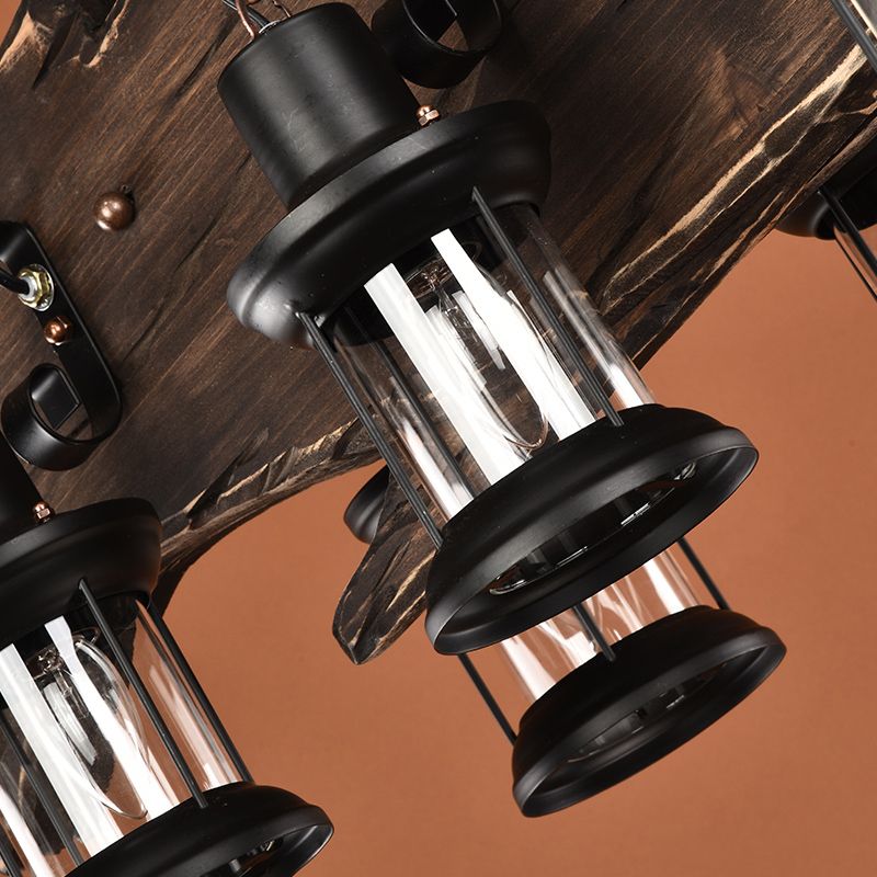 6 têtes îles Éclairage de poisson rustique Lampe suspendue en bois en forme de poisson avec teinte lanterne en marron