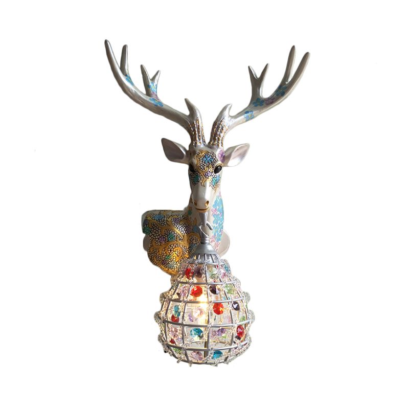 Application de cerf traditionnelle 1 Éclairage mural en résine lumineuse en noir / rose / jaune pour chambre avec une nuance de cristal de gouttelettes, droite / gauche