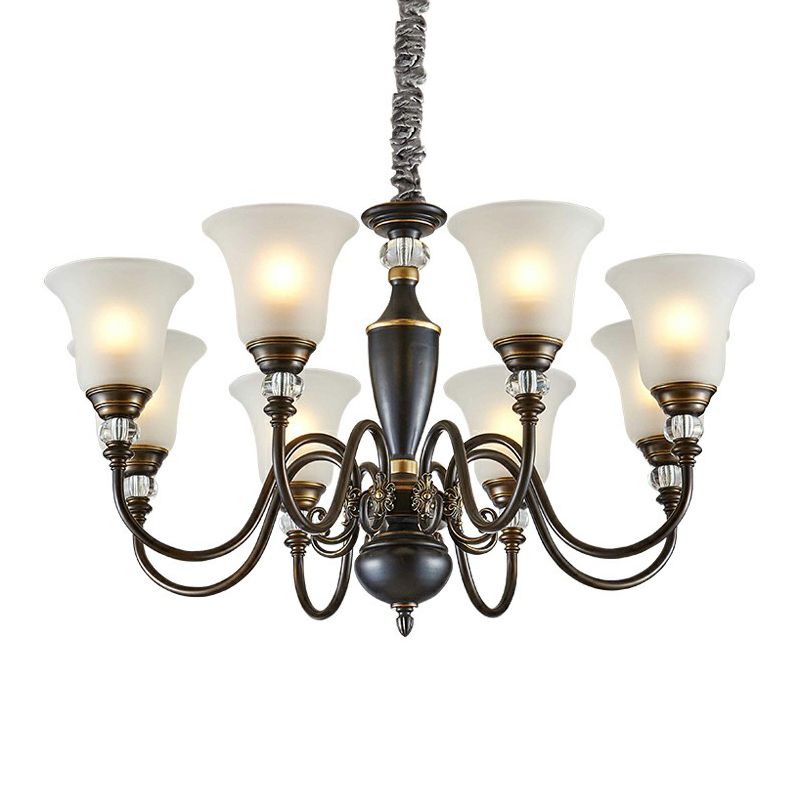 Black Curved Chandelier Pendant Light Vintage Iron Living Room Hanging Light with Bell Opal Glass Shade