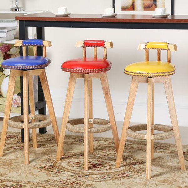 Scandinavian Wood Stool Faux Leather Counter Stool in Matte Finish