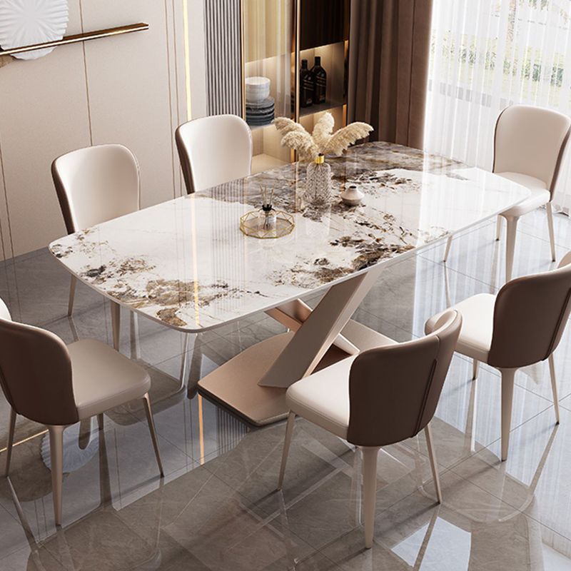 Mesa de comedor rectangular de estilo moderno de metal, mesa superior de piedra sinterizada para comedor