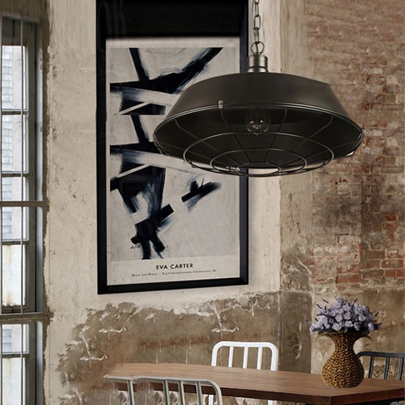 1-Light Wrought Iron Lid Shaped Hanging Light Retro Industry Style Iron Cage Shade Pendant Lamp for Restaurant