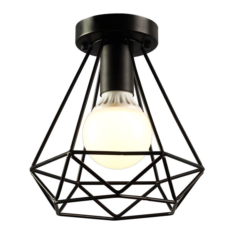 Cage Diamond Semi Flush Light Fixtures Retro Industrial Style Metal Ceiling Mount Light Fixture for Restaurant