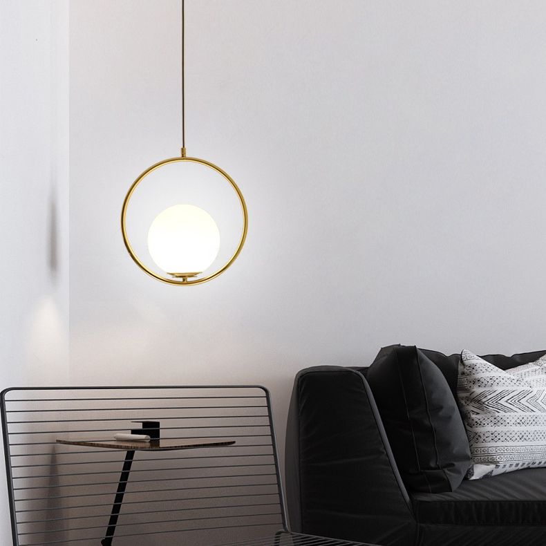 13.7 Inches Wide Golden Ring Hanging Lamp Globe Glass Shade Post-modern Style Hanging Light