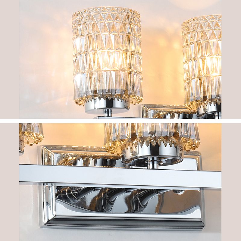 3-Light Cylindrical Vanity Lamp Traditional Chrome Lattice Glass Wall Sconce for Bathroom