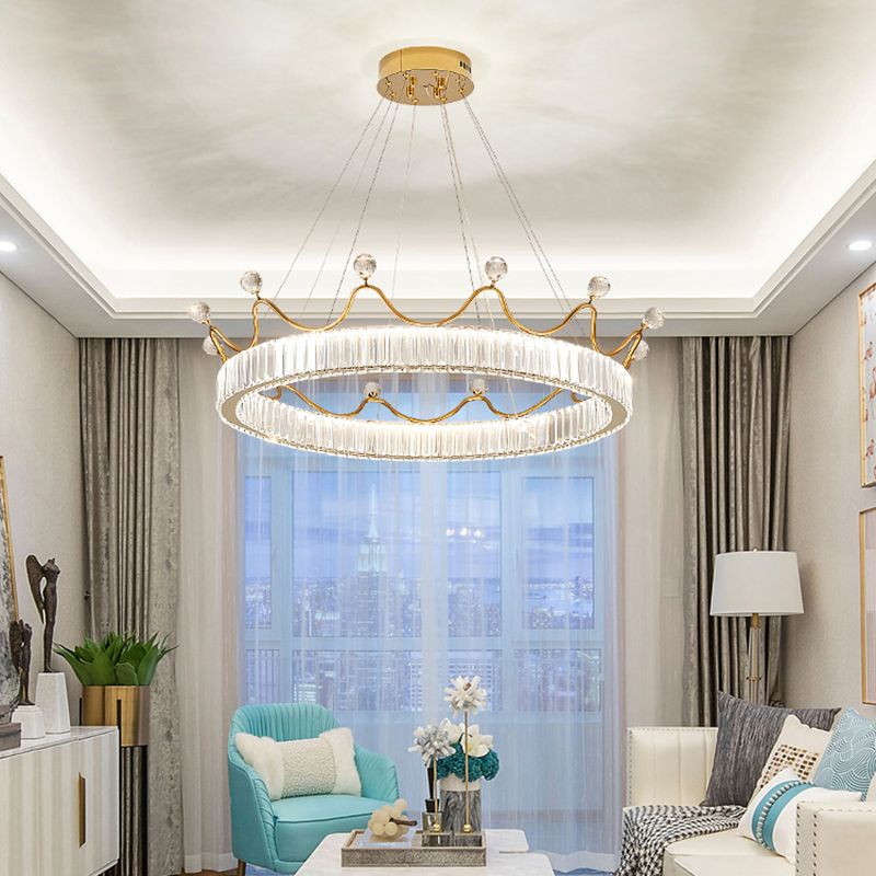 Beveled K9 Crystal Gold Pendant Light Crown Contemporary LED Ceiling Light for Bedroom