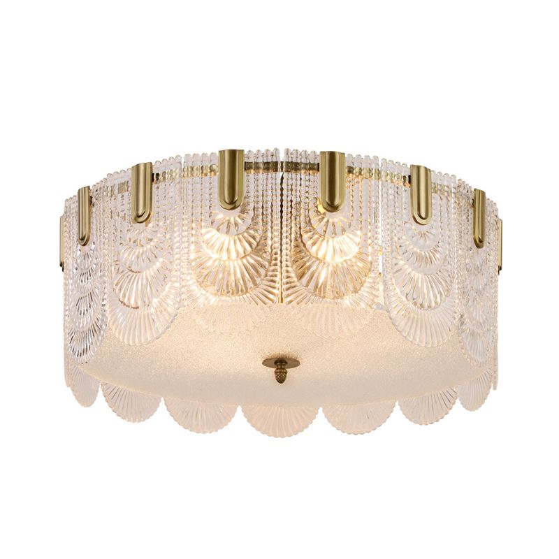 Traditionalist Drum Flushmount Lighting Prismatic Glass 6 Heads Bedroom Ceiling Mounted Fixture in Brass