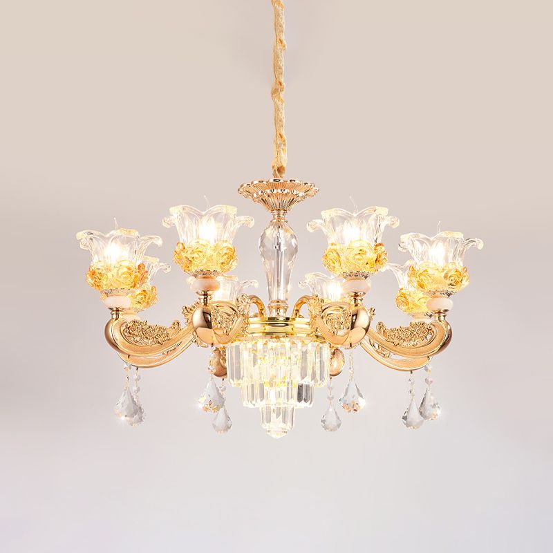Kristalbloemen omhoog kroonluchter traditionele 8 bollen woonkamer hanglamp lamp in goud in goud