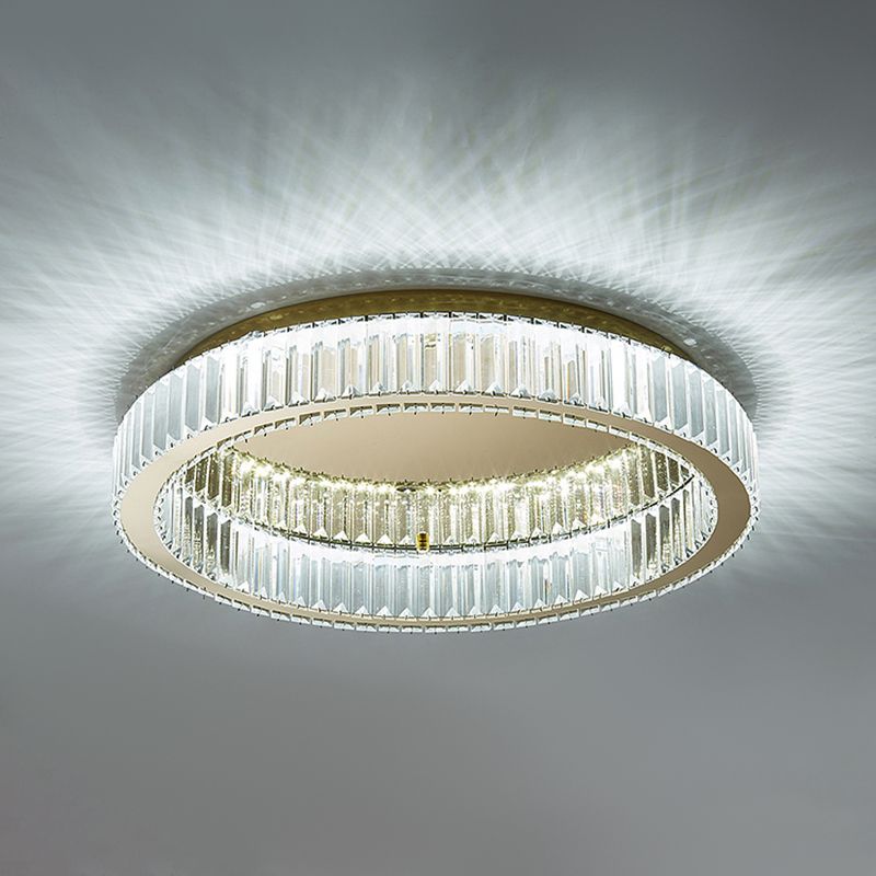 Plafonnier LED de luxe moderne, montage circulaire en acier inoxydable avec abat-jour en cristal