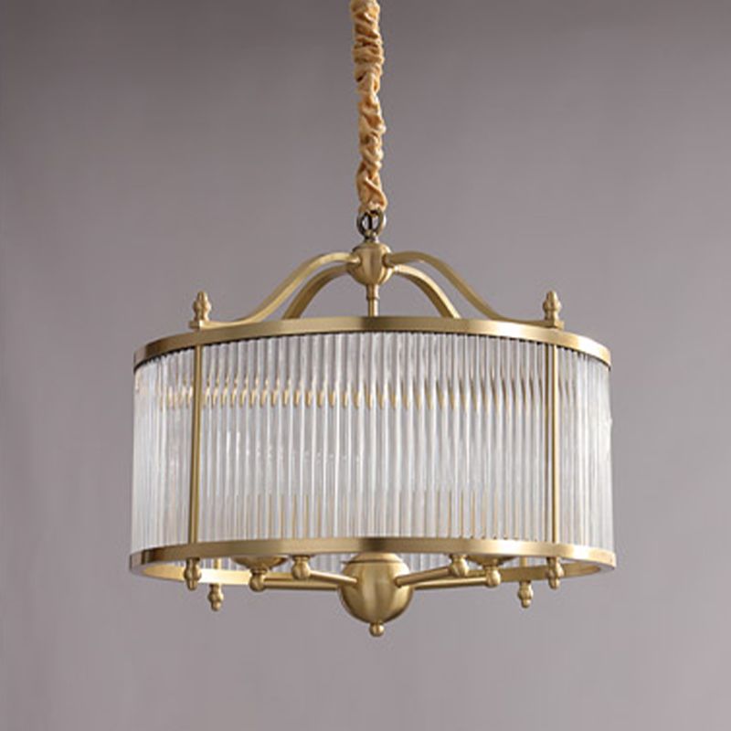 Copper Chandelier Light Fixtures American Style Multi-Head Drum Suspension Lamps for Living Room