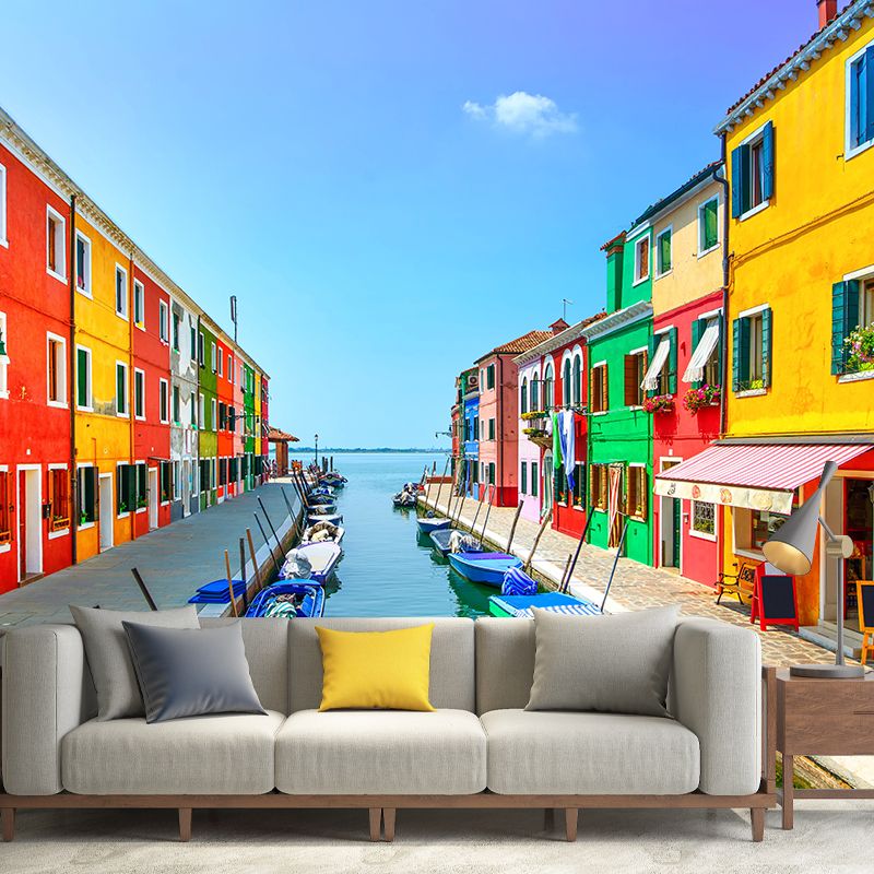 Boat on the Canal Mural Wallpaper Contemporary Water-Proof House Interior Wall Art, Made to Measure