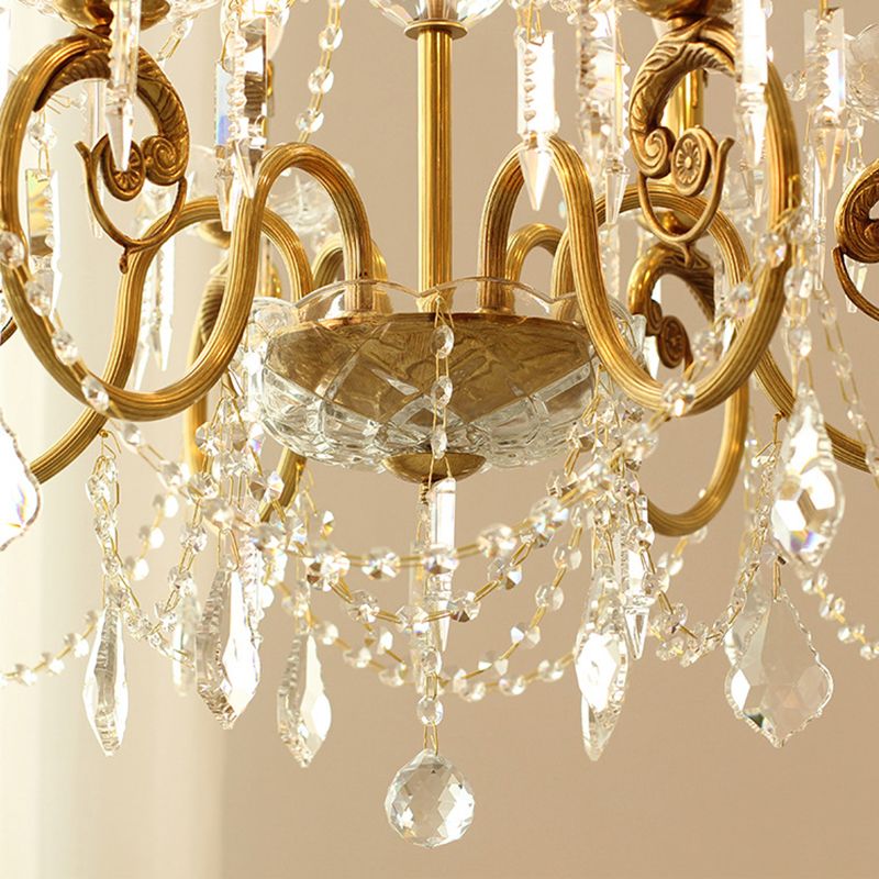 Gold Retro Rustic Style Crystal Large Chandelier Full Brass Candlestick Design Elegant Lighting Fixture for Living Room