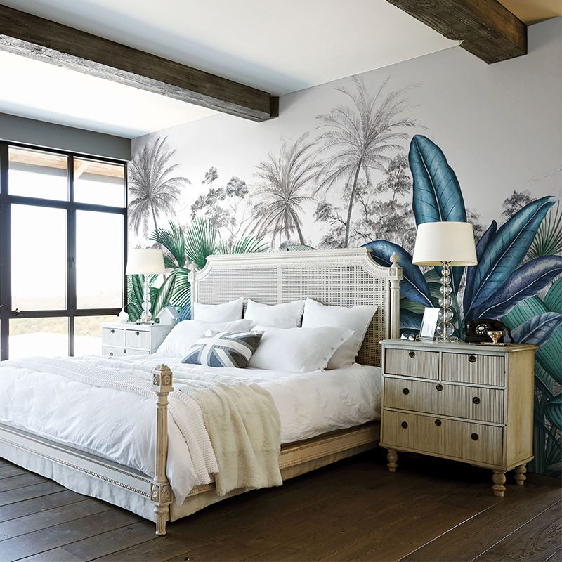Tropical Plant Ginger Leaf Mural Decal Blue and White Water Resistant Wall Art for Bedroom