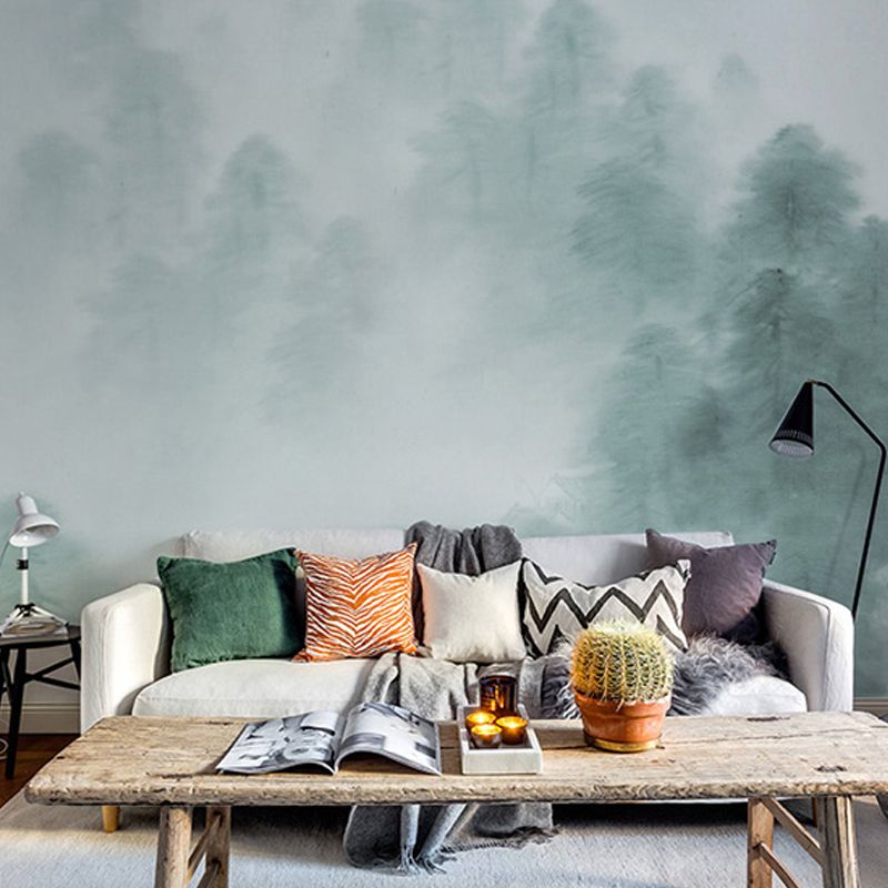Mountain and Mist Mural Wallpaper Green and White Wall Covering for Accent Wall