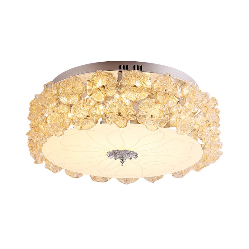 Crystal Purple/White LED Flush Light Floweret-Embellished Drum Modern Close to Ceiling Lamp