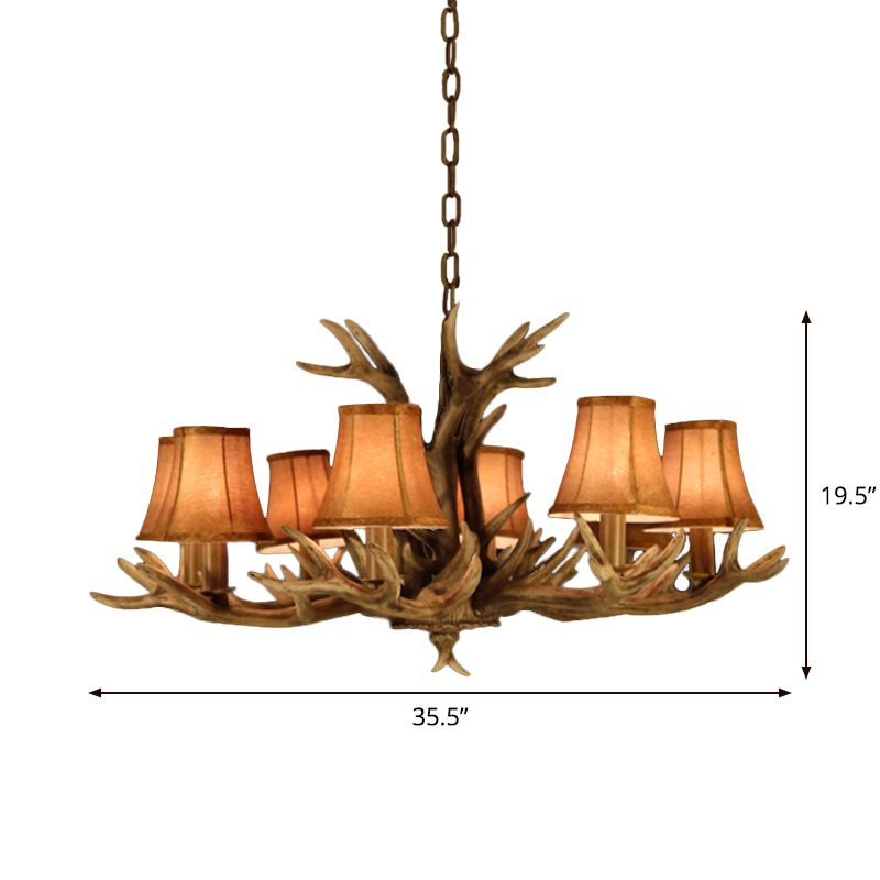 8-Head Faux Antler Pendant Lamp Rural Brown Fabric Flared Shade Chandelier Lighting for Dining Room