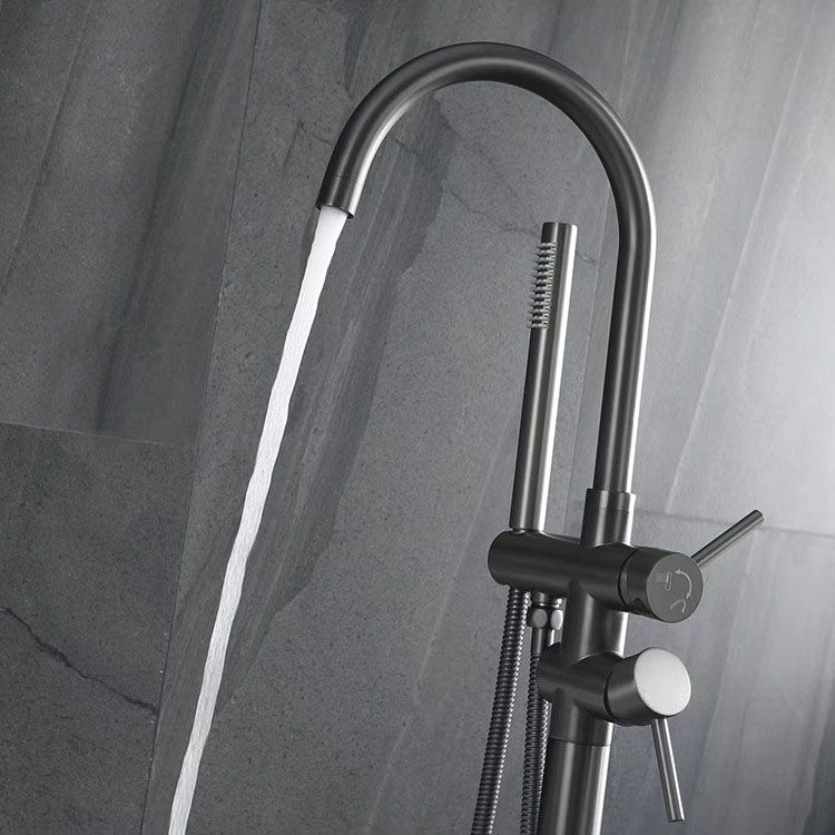 Floor Mounted Metal Freestanding Tub Filler Double Handles Freestanding Faucet with Hose